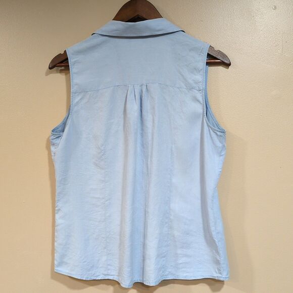 Anna & Frank Womens L 100% Silk Sleeveless Collared Blouse Blue Top Pockets - Picture 3 of 10